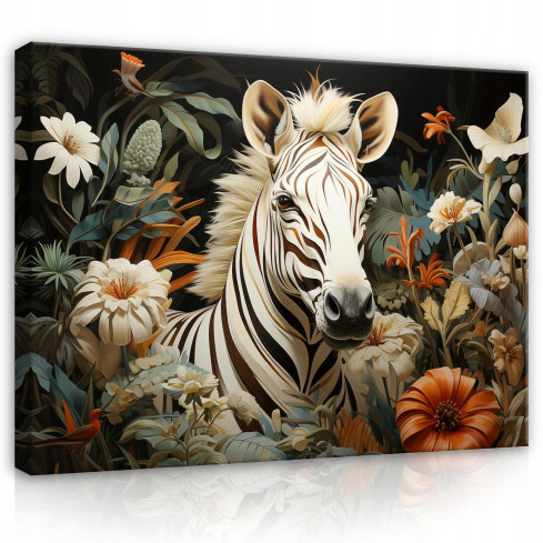 Image ZEBRA ANIMAL FLOWERS On Canvas Wall For Bedroom Living Room 60x40