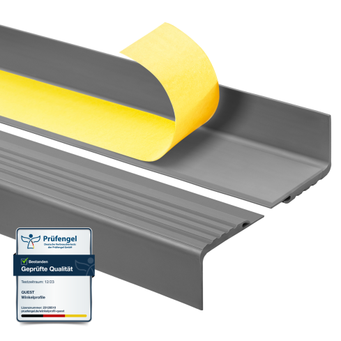 Perfil de escada de PVC 48x42 mm, biqueira de escada autoadesiva antiderrapante, PMW, cinzento escuro