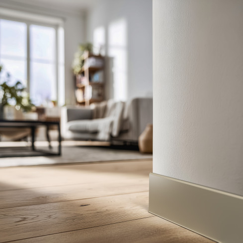 Zelfklevende PVC plint, glad, 100mm, 10m, beige