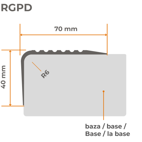 Antislip trapprofiel PVC 70x40 mm, 150 cm, zwart, trapneus profiel, RGPD