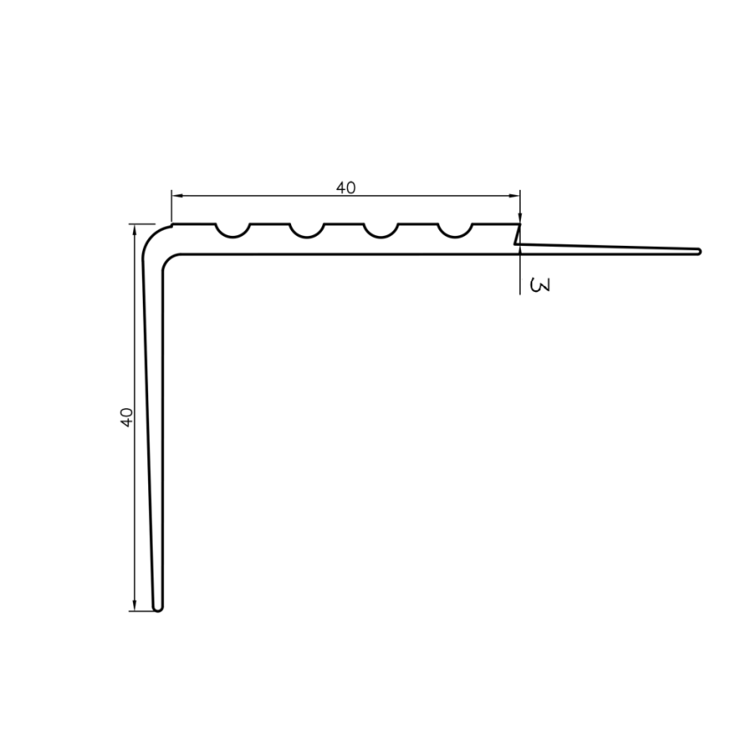 Non-slip stair nosing 40x40mm, 150cm, grey