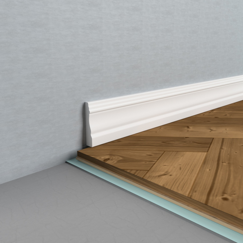 Lipni PVC grindjuostė, lanksti cokolinė juosta, frezuota - retro 32mm, 5m, balta, RAL 9003