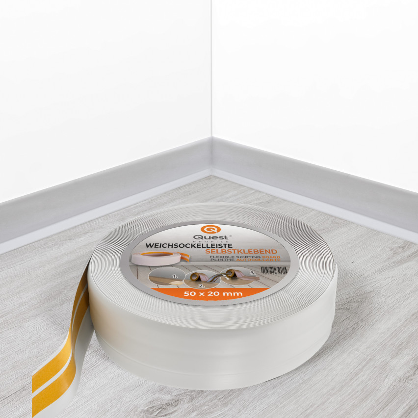 Zelfklevende zachte plint 50x20 mm, flexibele wandafwerkingsstrip voor keuken en badkamer, PVC vloerplint, afdichtband, lichtgrijs