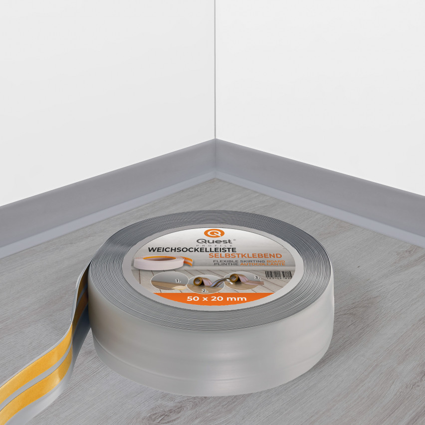 Isekleepuv pehme sokkel 50x20 mm, paindlik seinaviimistlusliist köögi ja vannitoa jaoks, PVC põrandaliist, tihenduslint, hall