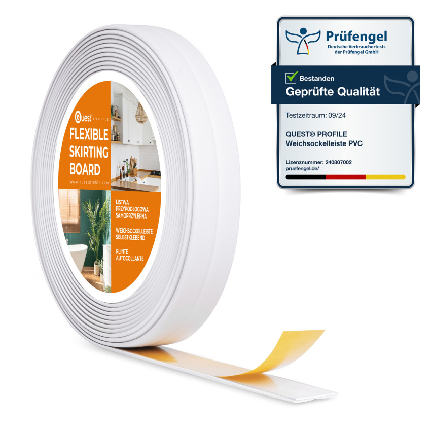 Zelfklevende afwerkstrip van zacht PVC, 10x10 mm, 5 m, wit, op schuimtape, montage- en afwerkstrip