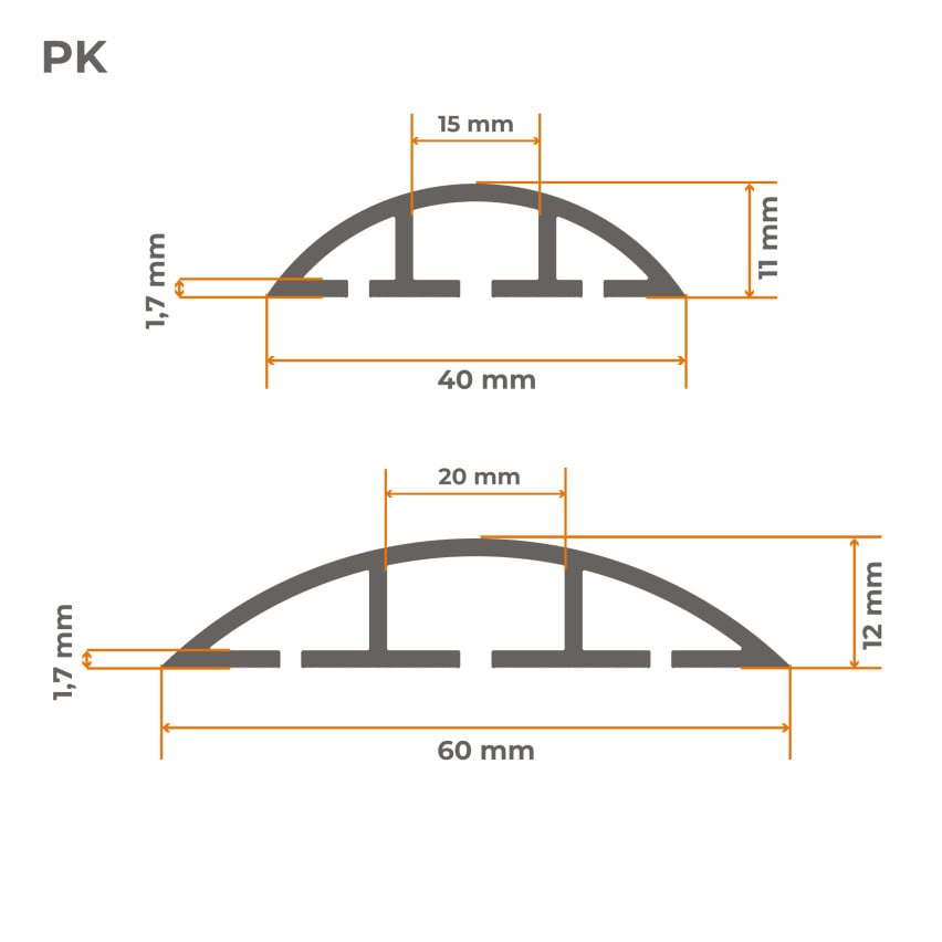 Condutas para cabos em PVC - 200 cm, meia-volta, cinzento escuro