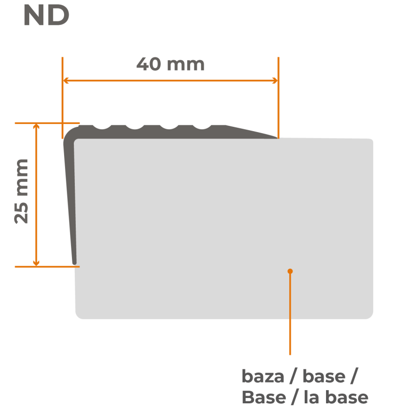 Perfil de nariz de escada, autoadesivo, PVC, plástico, perfil anti-derrapante, perfil angular, 40x25mm, prateado