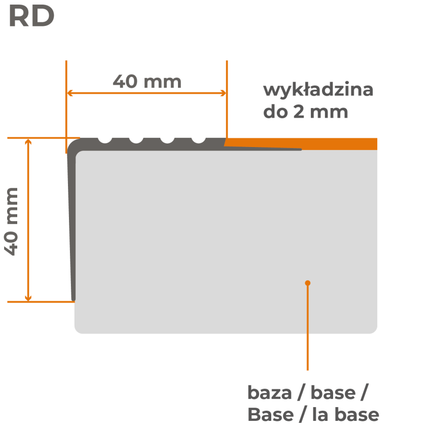 Nedrseči profil za stopnice 40x40 mm, 150 cm, rdeč