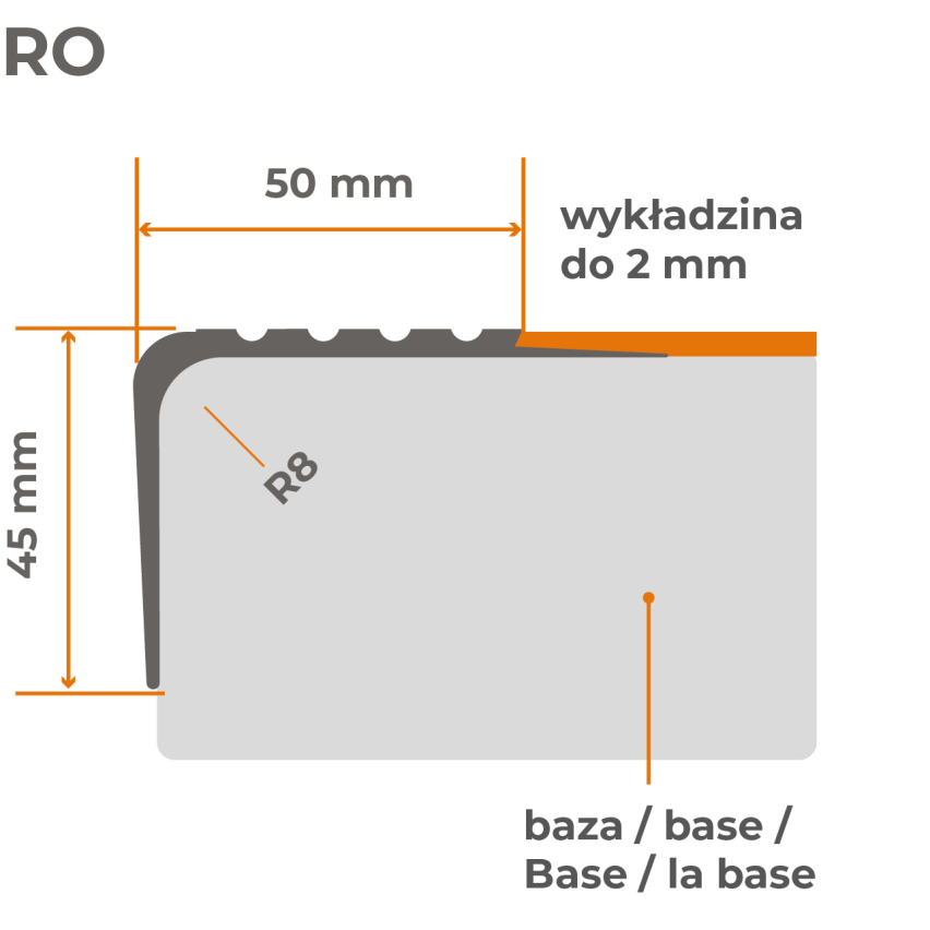 Nedrseči profil za stopnice, 50x45 mm, 150 cm, siv