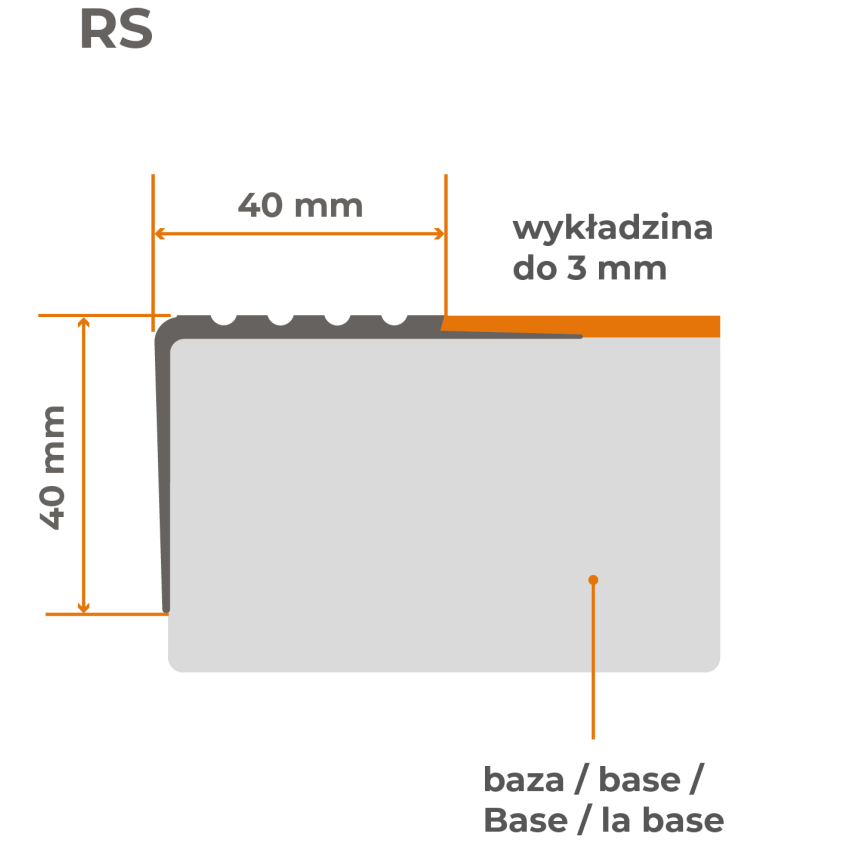 Nedrseči profil za stopnice, 40x40 mm, 150 cm, siv