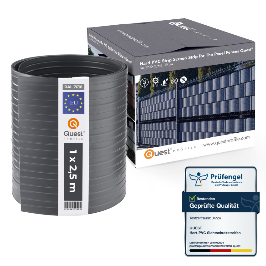 Tiras de ocultação em PVC antracyt, faixa de privacidade, fita de vedação vertical estreita para painéis de vedação, adequada para relevos, QUEST Lux 900 g/m², com proteção UV RAL7016