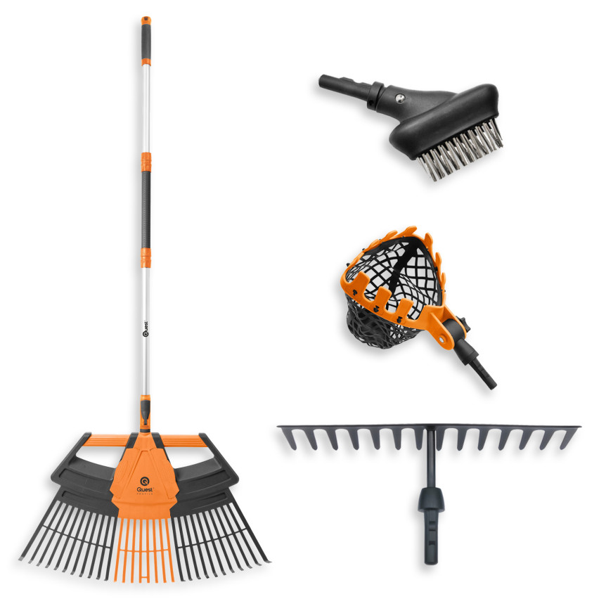 Ancinho em leque, ancinho metálico, cabo telescópico, apanhador de frutas, escova para pavimento – Sistema de jardim QUEST