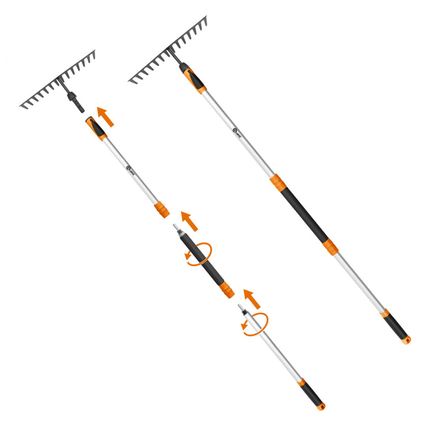 Ancinho em leque, ancinho metálico, cabo telescópico, apanhador de frutas, escova para pavimento – Sistema de jardim QUEST