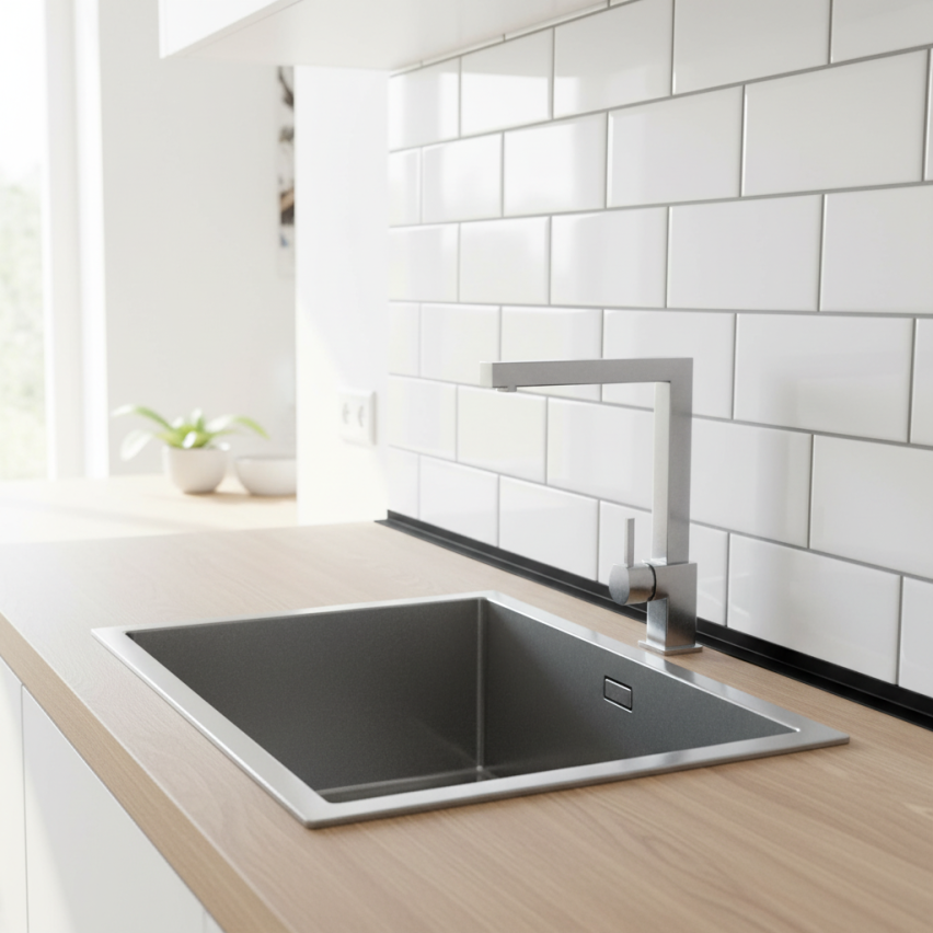  PVC kulmaprofiili, epätasainen, liimattu ulkopuolelle, kulmasuoja, musta