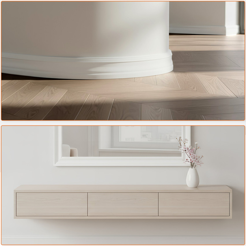 Rodapié PVC autoadhesivo FLEX, rodapié flexible PREMIUM, fresado – retro, RAL 9003, blanco, 5 m