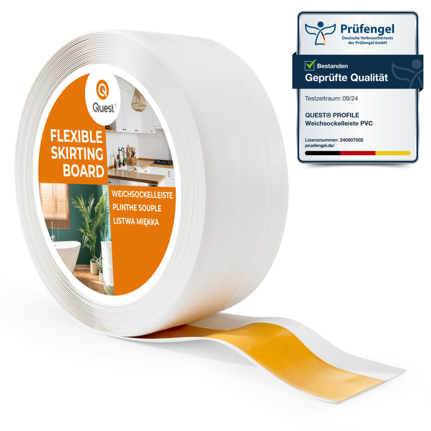 PVC apdailos kampai 50x20 mm, klijuojamos grindjuostės, minkšta grindjuostė, balta