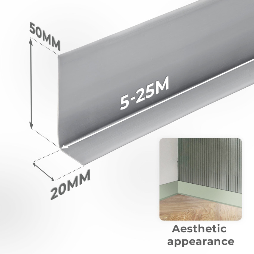 PVC apdailos kampai 50x20 mm, klijuojamos grindjuostės, minkšta grindjuostė, balta