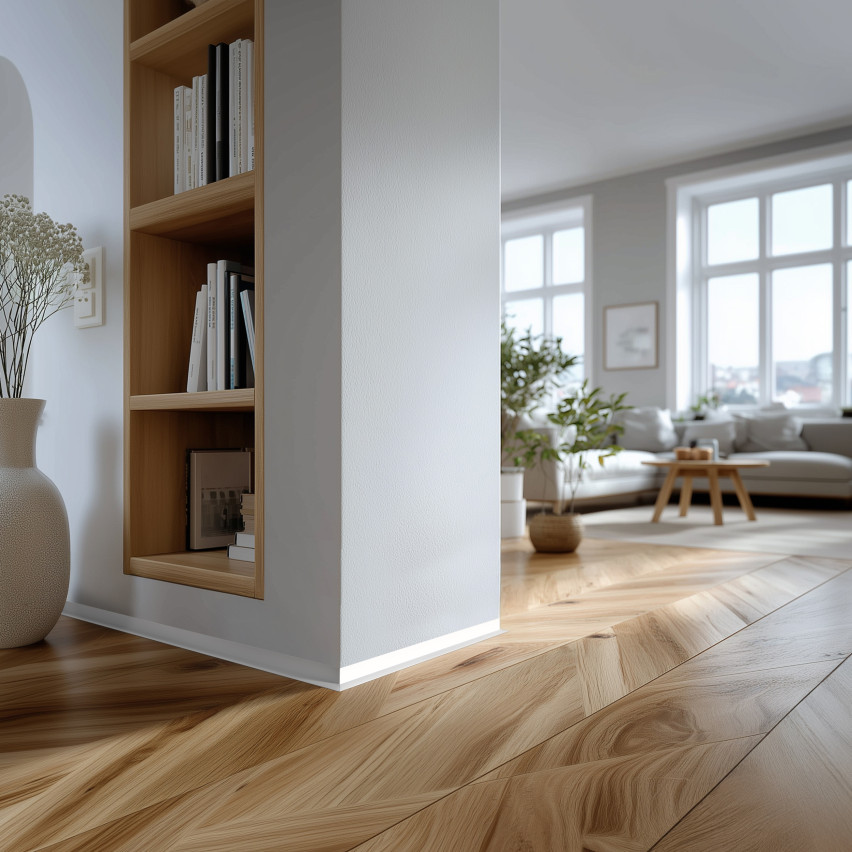 Minimalistična samolepilna PVC talna letev – trda, bela