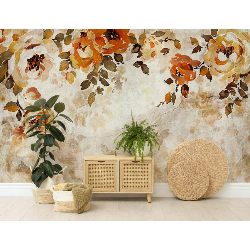 FIORI D'EPOCA SU CONCRETO Carta da parati con rose per il soggiorno 300x210