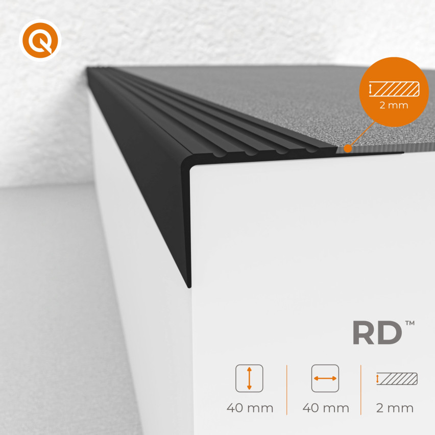 Profilo per bordi scale in PVC 40x40 mm, profilo angolare antiscivolo RD, nero, 150 cm