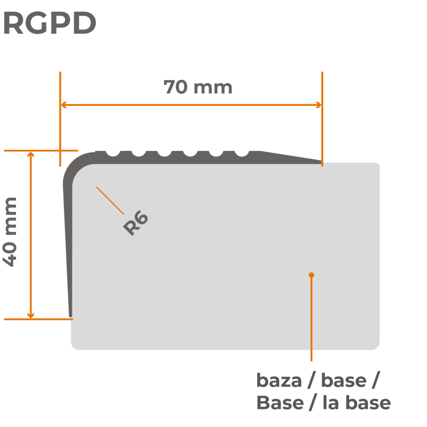 Antislip trapprofiel PVC 70x40 mm, 150 cm, donkergrijs, trapneus profiel, RGPD