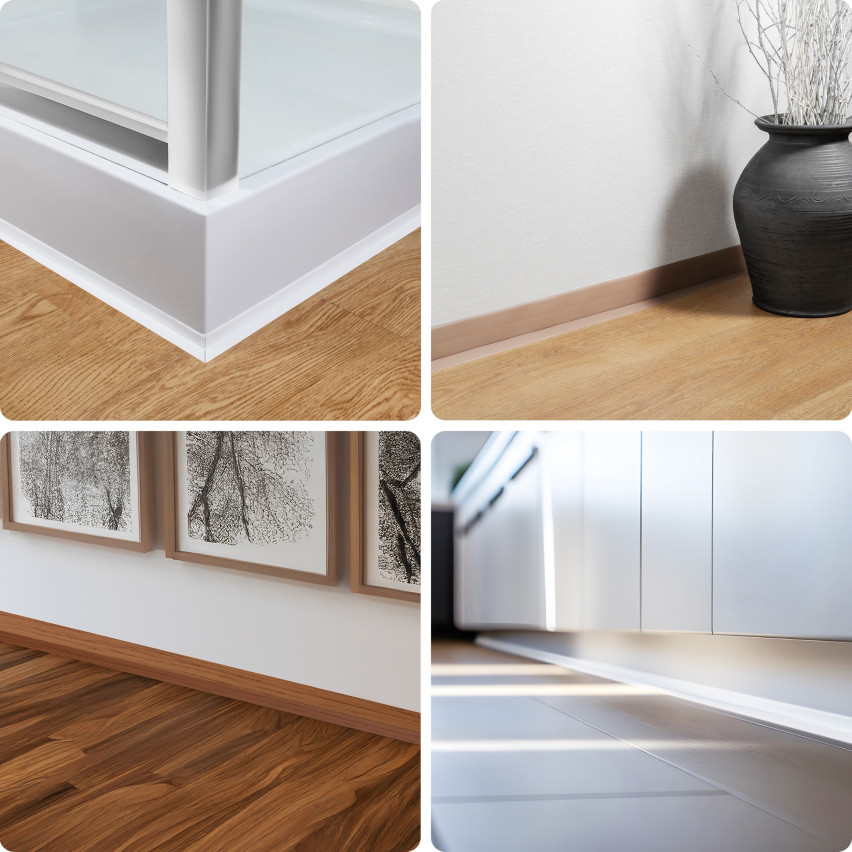 PVC apdailos kampai 50x20 mm, klijuojamos grindjuostės, minkšta grindjuostė, balta